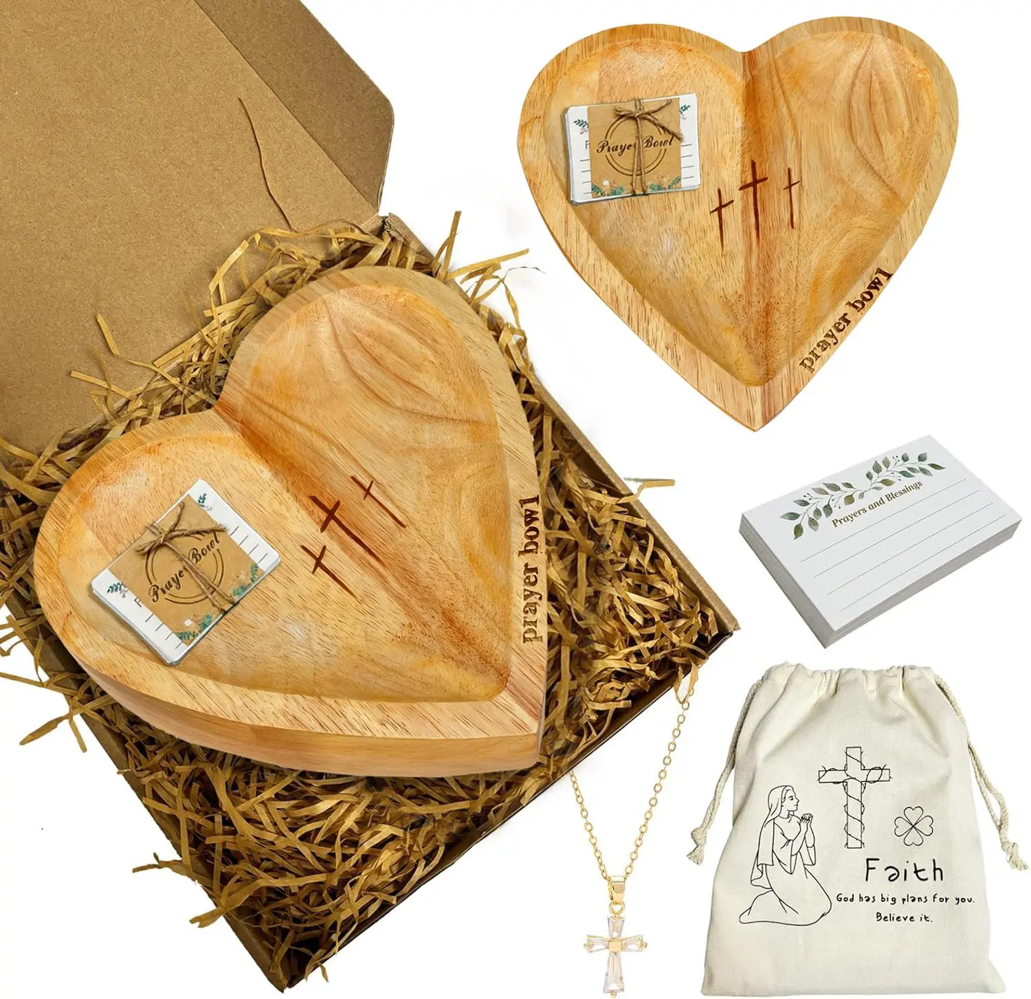 Heart Shaped Prayer Bowl with 24 Prayer Cards, Wooden Religious Dough Bowl with Cross, Christian Devotional Decor for Home, Inspirational Faith Gift for Women, Church Congregation, Baptism & Thanksgiving