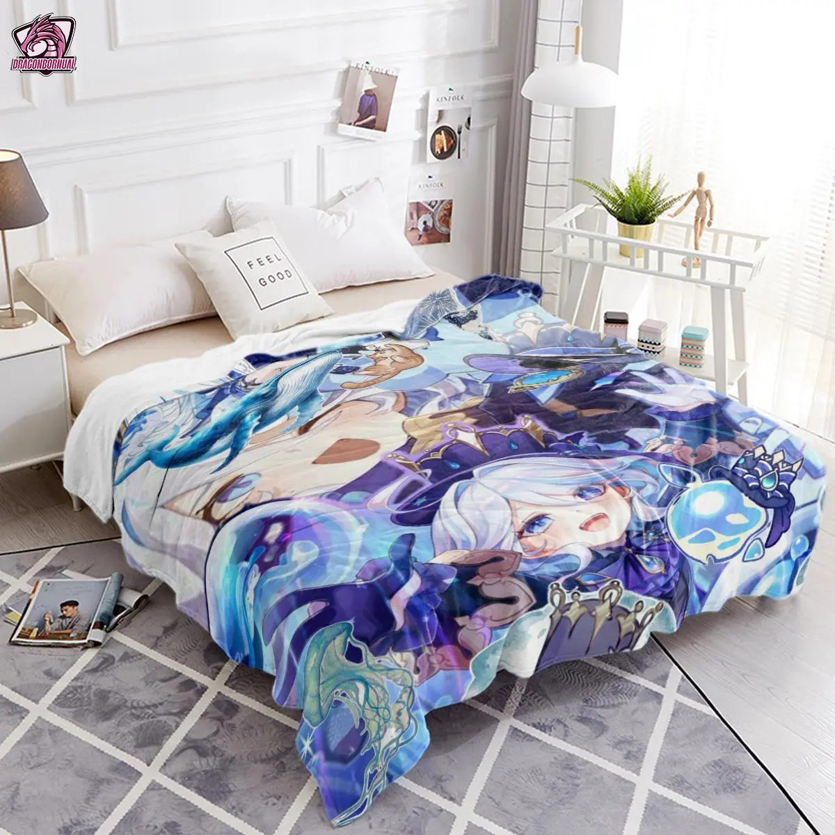 Genshin Impact Furina Hydro Archon Polyester Throw Blanket - Multi-Size Anime Game Print, Soft Vintage Fontaine Theatrical Aesthetic, Breathable, Stain Resistant, Machine Wash, Dry Vertically, Game Decor, Ideal Gift for Genshin Collectors 251110, Birthday