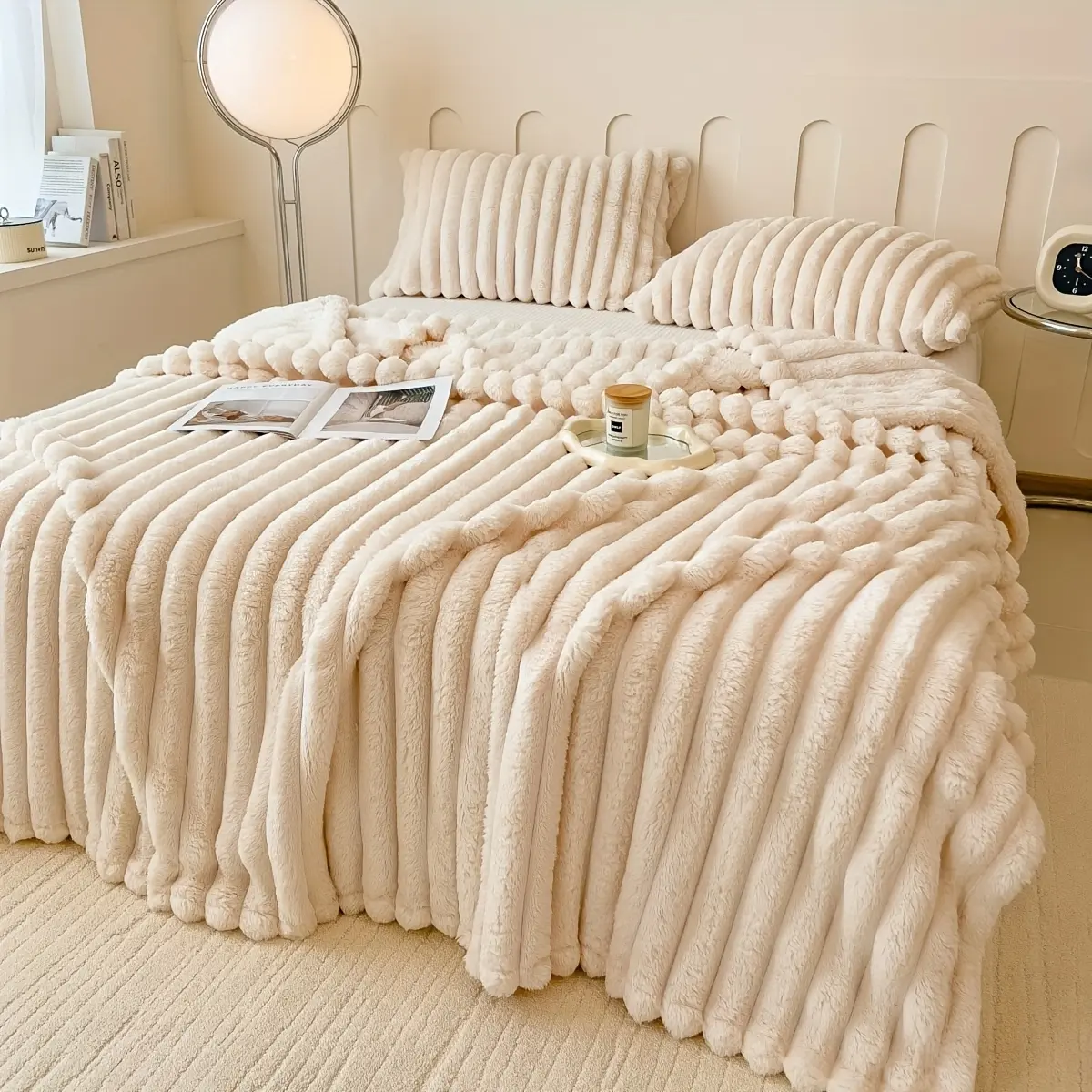 [Summer Sale Deals]Cream Plush Ribbed Throw Blanket for Bed and Couch, Soft-Look Fuzzy Textured Blanket in Ivory Beige, Cozy Bedroom Bedding Layer, Decorative Sofa Throw, Warm Home Decor Accent for Dorm, Apartment, Living Room, Gift, Winter and Everyday C