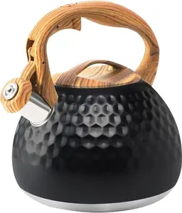 Tea Kettle Stovetop, 3.2 Qt Stainless Steel Whistling Kettle for Stove Top, Food Grade Teapot with Wood Pattern Handle for Coffee, Milk etc, Gas Electric Applicable (Black)