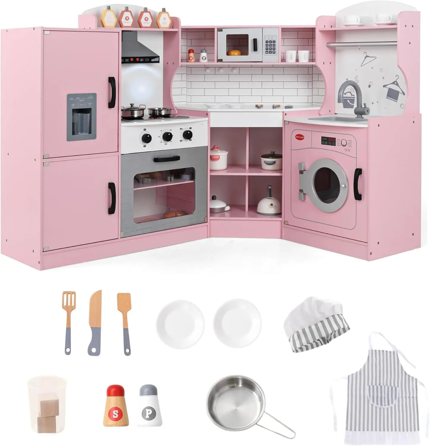 Costzon Corner Wooden Play Kitchen Set for Kids w/Light&Sound for 3+Toddler | Toy Kitchen Set w/Chef Suit Set, Toddler Kitchen w/Ice Make,Wash Machine,Microwave, Kids Kitchen Playset for Boys&Girls tiktokshopbacktoschool tiktokshopbacktoschool tiktokshopb