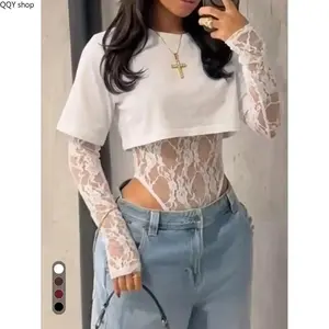 Women's Floral Lace Patchwork Bodysuit, Crew Neck Long Sleeve Fitted Crop Top Pullover, Sexy Aesthetic Slim Fit Fashion Womenswear, Versatile Casual Streetwear Perfect for Night Out, Dating Party and Daily Trendy Outfit Styling