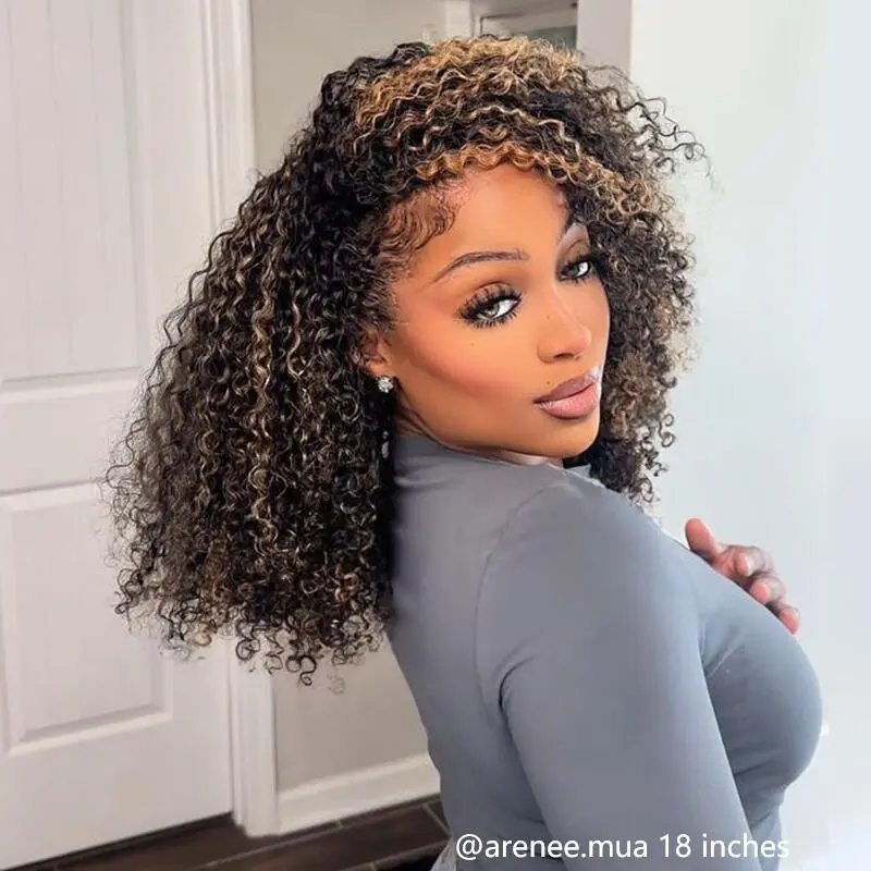 ISEE HAIR Glueless Human Hair Half Wig - Highlight Brown Kinky Curly, InvisiFit Strap Invisible Drawstring Flip Over, Knotless Braided Wig,Adjustable Fit, Seamless Hairline, Beginner Friendly, Vacation Summer Use, Invisible Drawstring Wig#gameday outfits