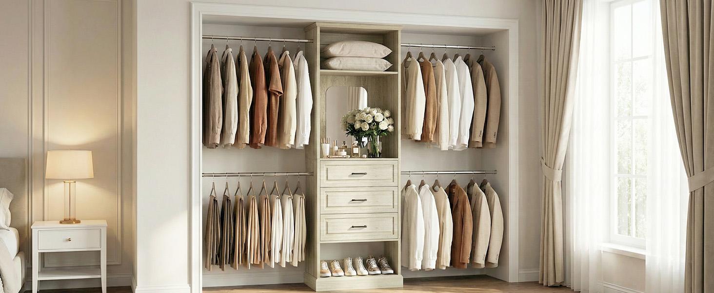 Unikito Closet System, 4FT - 9FT Closet Organizer with Mirror, Luxury Walk in Closet Insert with Drawers and 4 Hanging Rods, Sturdy Wood Wardrobe Closet Garment Rack with 25” Tower