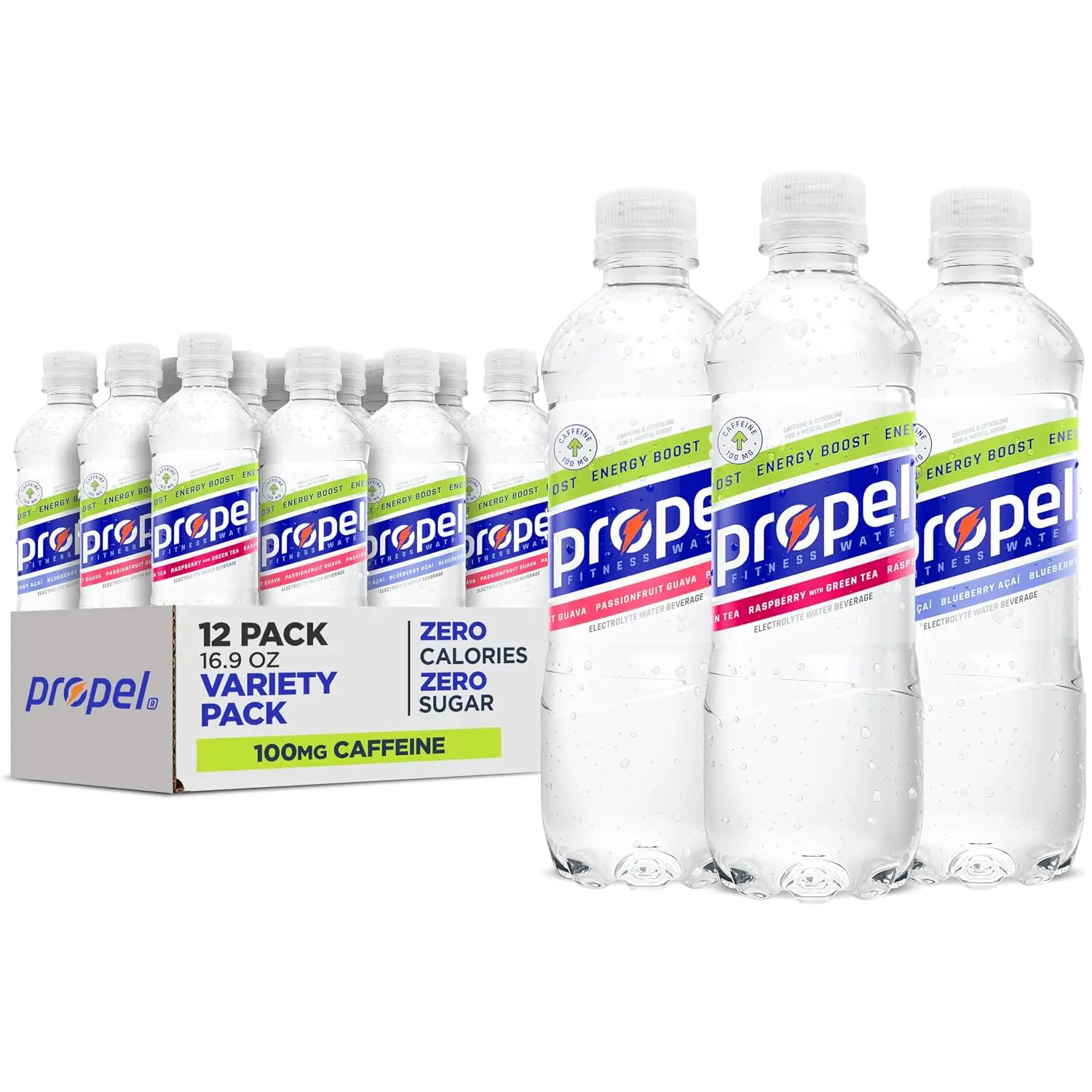 Propel Energy Boost Water, 3 Flavor Variety, 16.9 fl oz Bottles, (12 Pack) | Caffeine and Citicoline, Zero Calories, Zero Sugar, Electrolytes and Vitamins B3, B4, B6, C & E, Enhanced Water Sports Drink