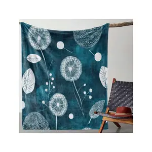 1pc Vintage Dandelion Print Flannel Blanket - Soft Warm All-Season Cozy Throw For Sofa Bed Car Camping Office, Bohemian Home Decor Gift With Dark Blue & White Botanical Design, Comfortable Bedding-30*40in