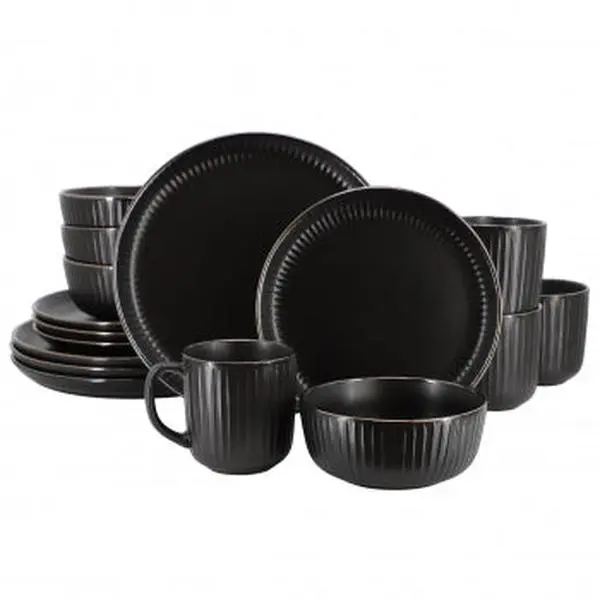 Elama 16-Piece Black Stoneware Dinnerware Set, Casual Modern Microwave-Safe Kitchen Tableware Set with Bowls, Dinnerware Sets