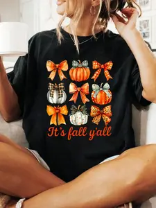 It's Fall Y'all Coquette Bow Pumpkin Autumn Hello Fall T-Shirt Print T-Shirt Casual Crew Neck Short Sleeve Comfort Tee Top For Spring & Summer Women's Clothing