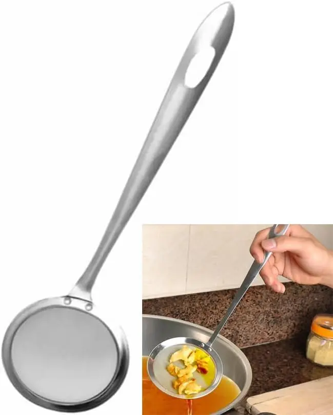 Filter Scoop 304 Stainless Steel Fat Skimmer Spoon Fine Mesh Strainer Food Strainer With Handle Kitchen Oil Skimmer Strainer FU