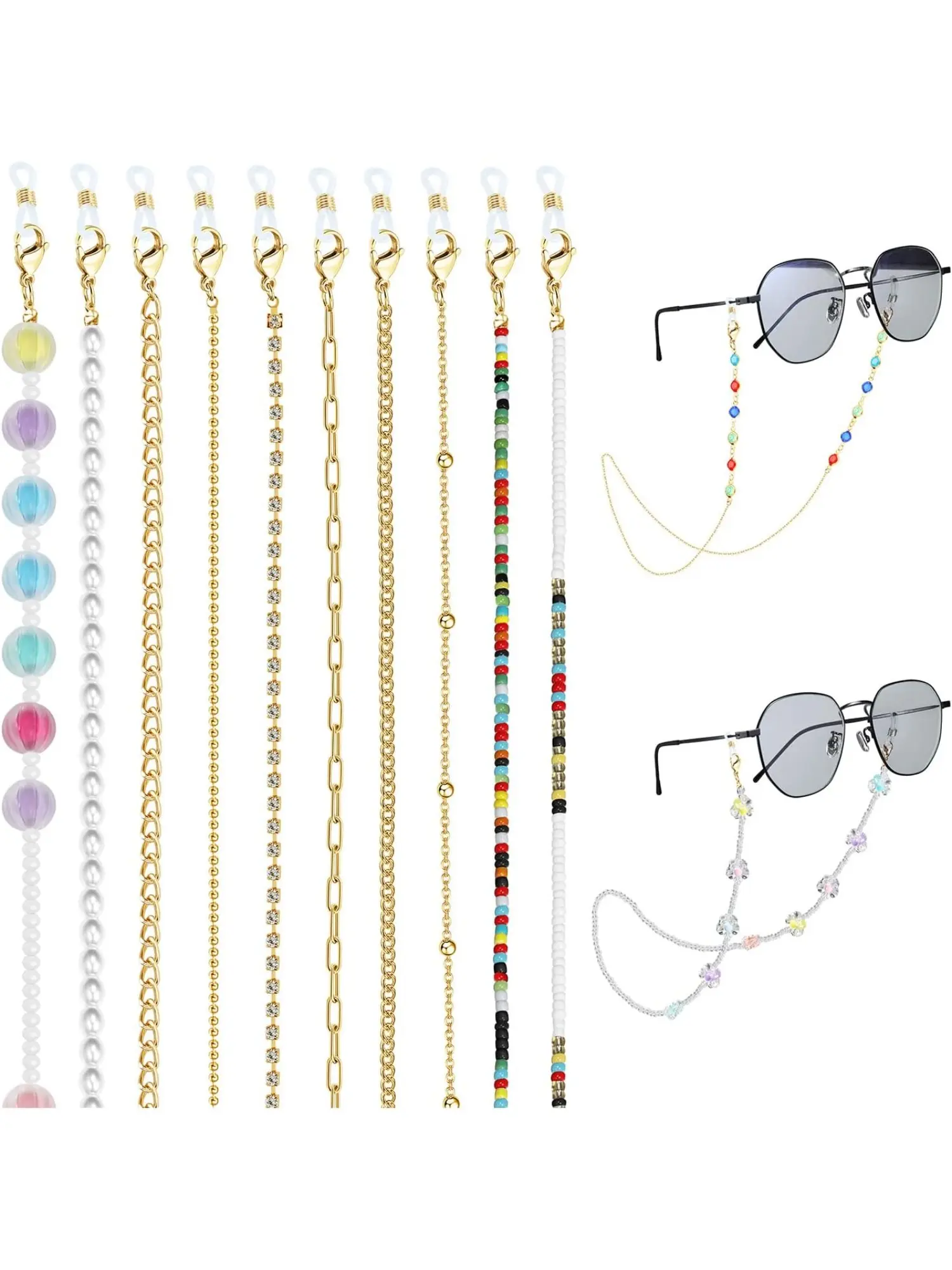 Simple 12 Pcs Golden Eyeglass Chains Eyeglass Holders Around Neck Diverse Beaded Charm Alloy Sunglasses Chains Sunglasses Holder Clip for Women Men Elegant Mask Lanyard Face Mask Chains