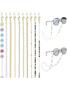 Simple 12 Pcs Golden Eyeglass Chains Diverse Beaded Charm Alloy Sunglasses Chains Sunglasses Holder Clip for Women Men Elegant Mask Lanyard Face Mask Chains