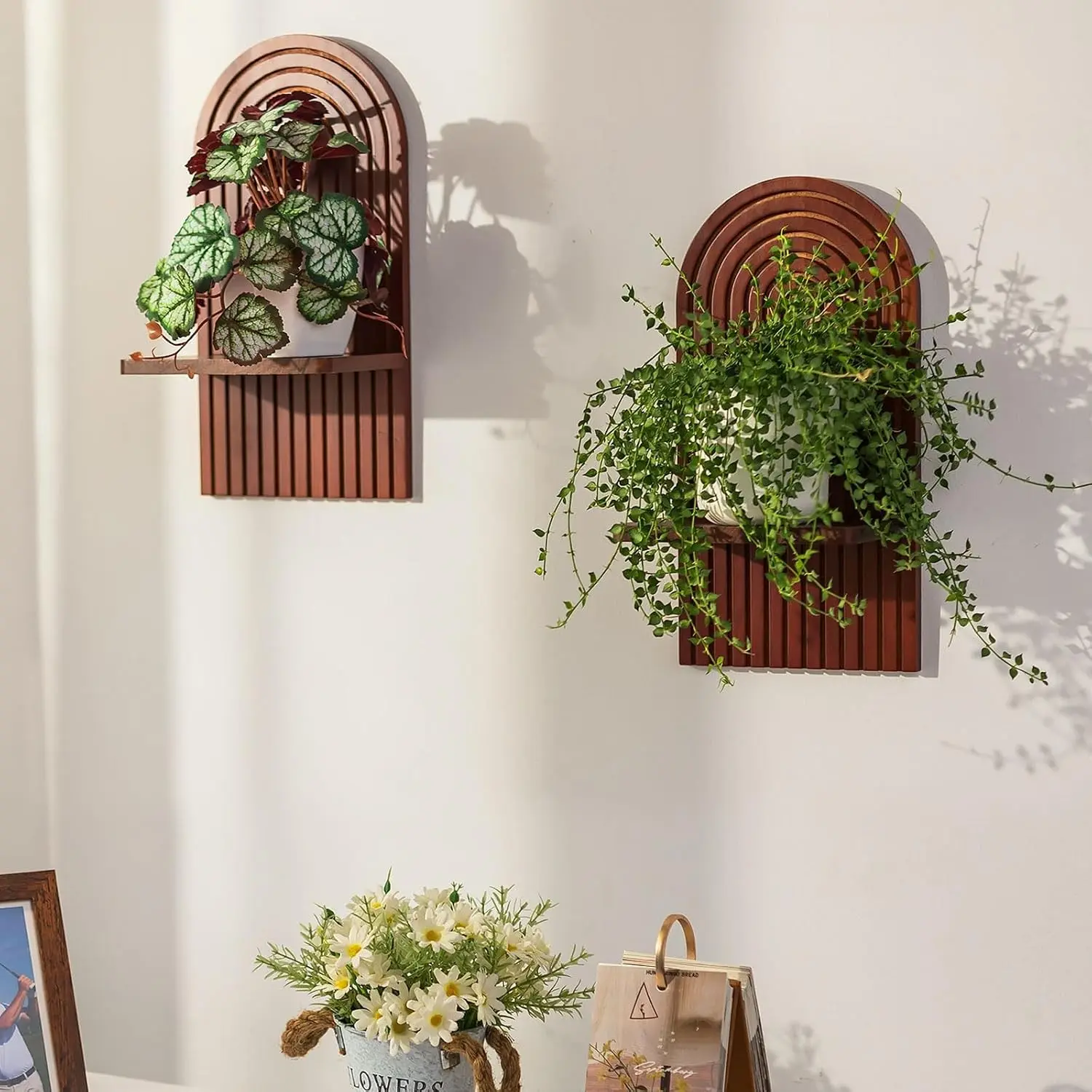 Mid Century Modern Decor: Walnut Boho Floating Shelves, Set of 2 | Arched Wall Decor, for Bathroom Bedroom Living Room Nursery,Display Plants, Pillar Candles or Small Items