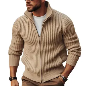 Men's trendy cardigan sweater with zipper, suitable for spring and autumn, knitted outerwear, fleece-lined and thickened for winter.