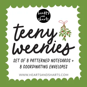 CUTE HOLIDAY TEENY WEENIES -  8 SMALL NOTECARDS + 8 COORDINATING, SEALING, 2X2 ENVELOPES