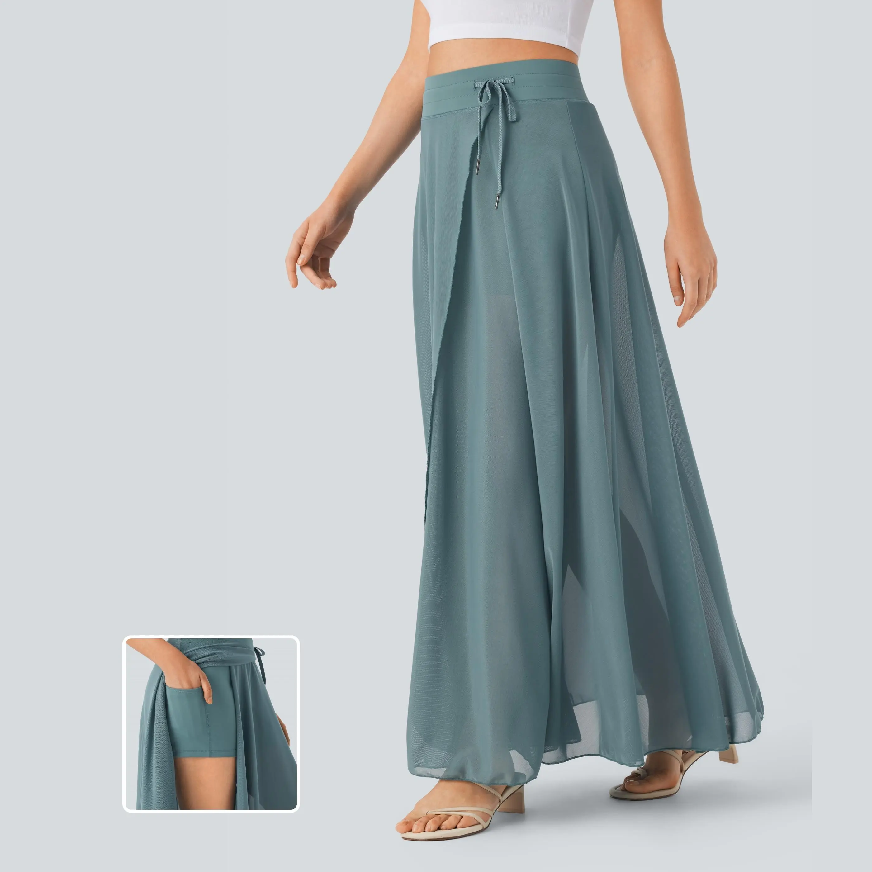 Halara High Waisted Drawstring Contrast Mesh 2-in-1 Side Pocket Flowy Maxi Flare Casual Skirt