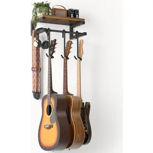 Guitar Wall Mount Hangers Holds 3 Guitars with Rustic Shelf, 3-Detachable Guitar Hooks Universal Fit for Acoustic, Electric, Bass & Ukulele (Brown)