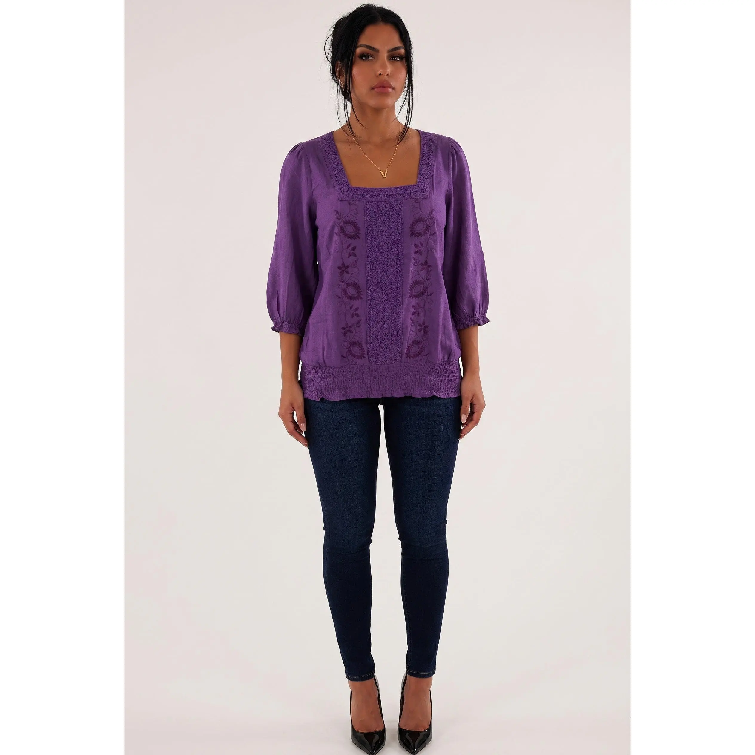 Embroidered Smocked Hem Peasant Blouse