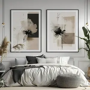 Modern Abstract Floral Wall Art Minimalist Neutral Canvas Painting Decor Beige Cream And Black Wall Art Contemporary Flower Picture Prints for Living Room Bedroom 12x16 Inch Unframed Set of 2