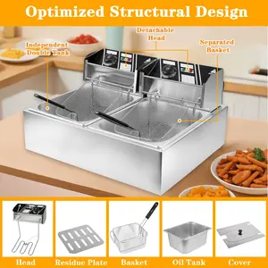 5000W Commercial Dual Basket Deep Fryer - 12L Stainless Steel Electric Fryer w/ Independent Temp Control, Detachable Oil Tanks & U-Shaped Heating, Dual Tank Design