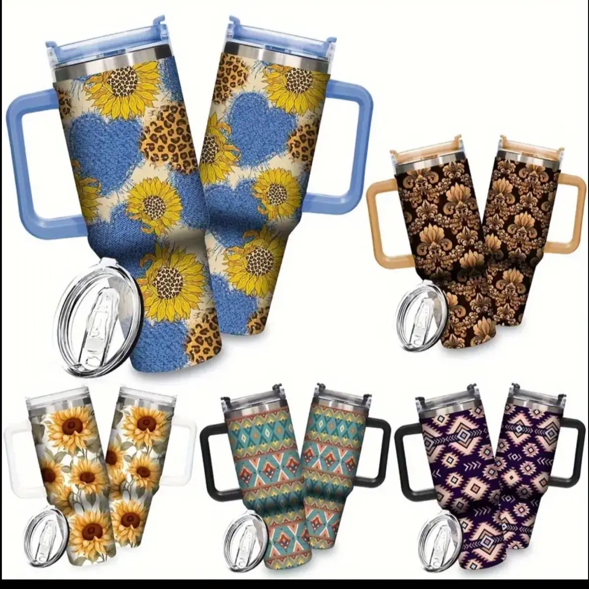 40oz Sunflower Theme 304 Stainless Steel Insulated Water Cup, "Sunflower, Bohemia" series creative element illustration cup, large capacity outdoor portable tumbler, cup + cup lid + straw set, birthday gift for friends, holiday gift