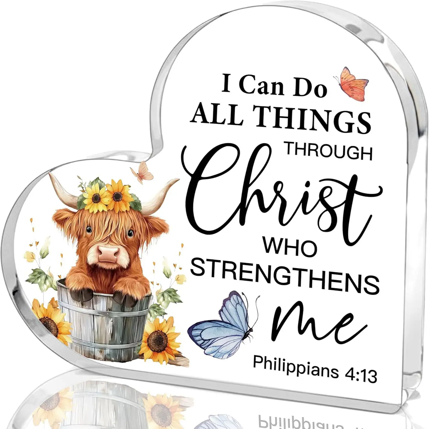 Inspirational Highland Cow Acrylic heart plaque Sign Decor Gifts for Women, Christian Bible Verse Gift for Mom Family Friends Coworkers, Highland Cow Home Office Farm Bathroom Housewarming Decorative Plaque, Wall Decor Plaque, Home Decor Products