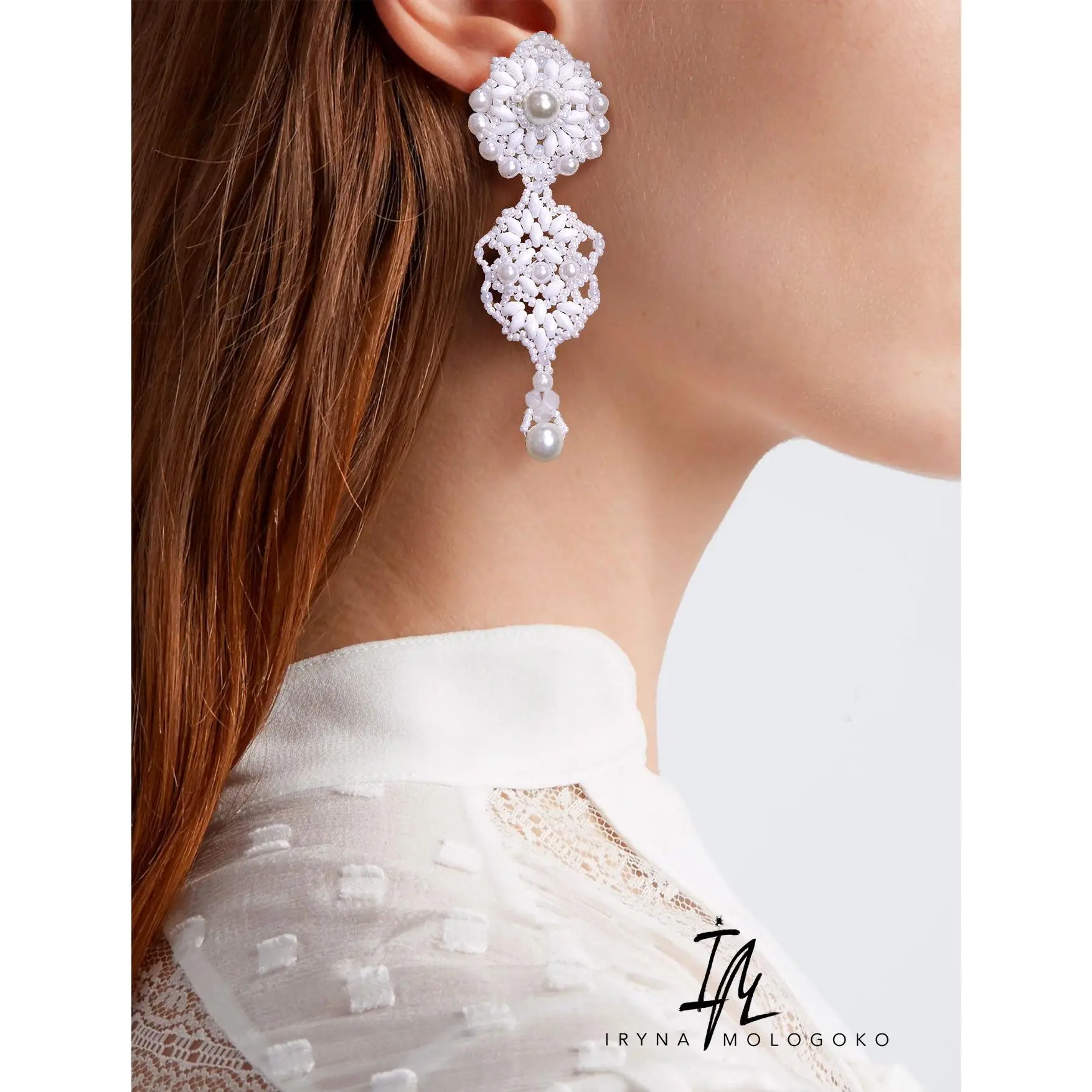 White Wedding Bridal Beaded Stud Earrings