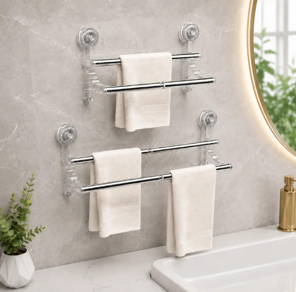 Modern No-Drill Stainless Steel Suction Towel Bar - Retractable Chrome Wall-Mounted Bathroom Necessities, Accessible Space-Saving Bath Storage Holder for Home Use That Holds Multiple Towels to Maximize Space