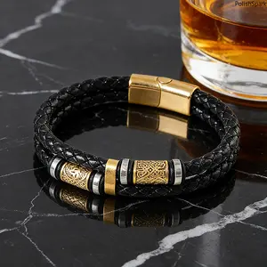 Vintage Pattern Double Row Braided Leather Bracelet for Men, Gold Stainless Steel Magnetic Clasp Bangle, Punk Business Casual Wrist Jewelry Gift summervibes