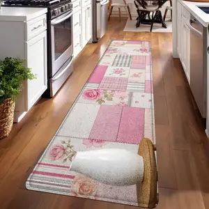 1PC，Happy Spring Pink Plaid RosePatterned strip rugs, used for everyday or festive decorations, entryway mats, RV mats, bathroom non-slip mats, bedroom bedside mats, and kitchen mats.