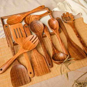 11-Piece Premium Yew Wood Cooking Utensil Set, Wooden Cooking Tools, Non-Stick Friendly, Heat Resistant, Ergonomic Handles, Comfortable Grip, Outdoor Kitchenware