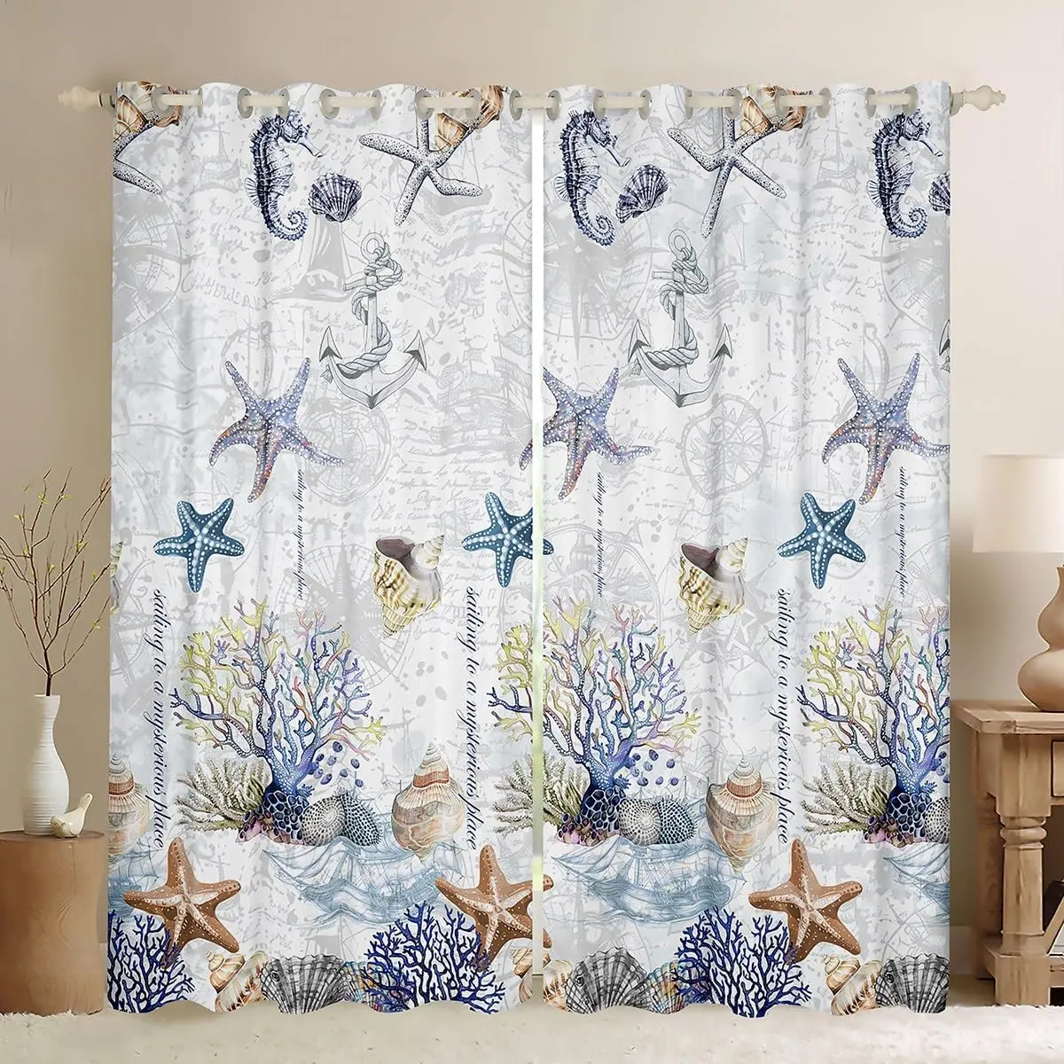 Feelyou Velvet Fabric Window Drapes - 2-Panel 52x84 All-Over Bold Print Finished Grommet Curtains, Sea Life Starfish Seashell Sailboat Design, Easy-Install Privacy Curtain for Bedroom, Living Room