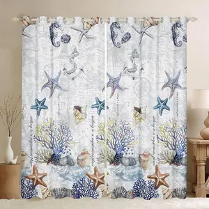 Beach Starfish Darkening Drapes,Ocean Marine Themed Sailboat Curtains for Bedroom Living Room,Sea Creatures Curtains,Coastal Nautical Window Treatment