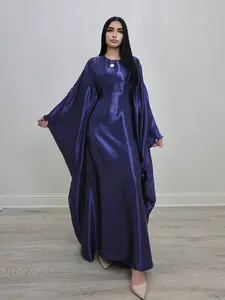 L776（1‑Piece Shiny Navy Blue Satin Batwing Sleeve Abaya, Luxury Formal Modest Muslim Maxi Dress for Evening Wear）