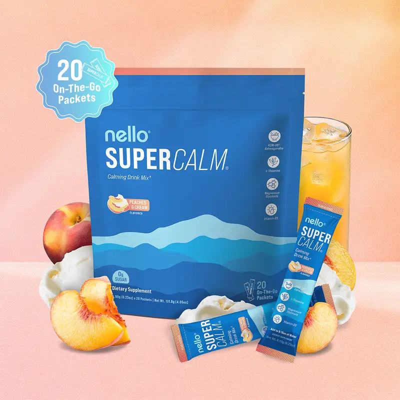 Nello Supercalm Calming Drink Mix with KSM-66 Ashwagandha Vitamin D3 Magnesium & L-Theanine Supports Cortisol Balance Mood Sleep 20 Servings Travel Packets Dietary Supplement