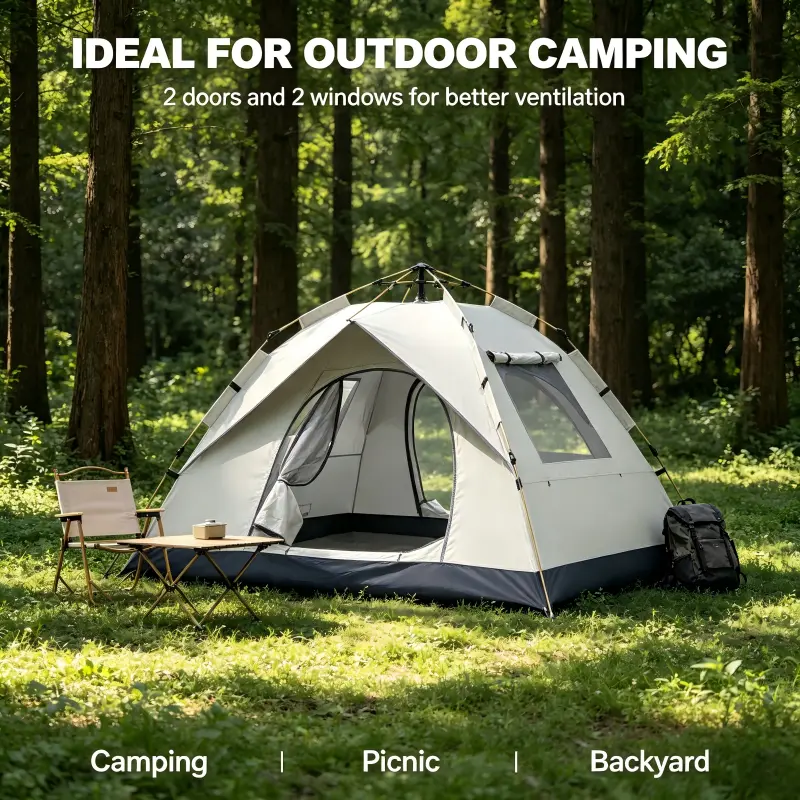 Instant Pop-Up Dome Camping Tent - Silver-Coated UV Protection, Double Layer, Weatherproof, Mesh Windows, Fits 3-4 Ppl for Outdoor Trips, Beach Picnic
