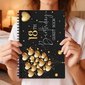 18th Birthday Heart Balloon Spiral Notebook, Elegant & Gold Guest Book, Hardcover Journal for Party, Gift for Teens