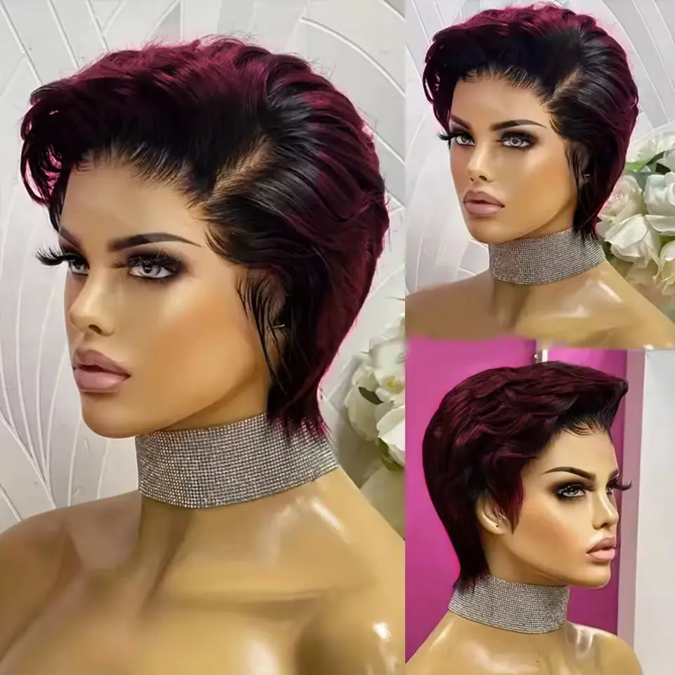 6 inches, Brazilian Human Hair Pixie Bob Wig 13x4 Lace Front, 180% Density Pre-Plucked with Baby Hair & Natural Hairline Wavy Short Wigs