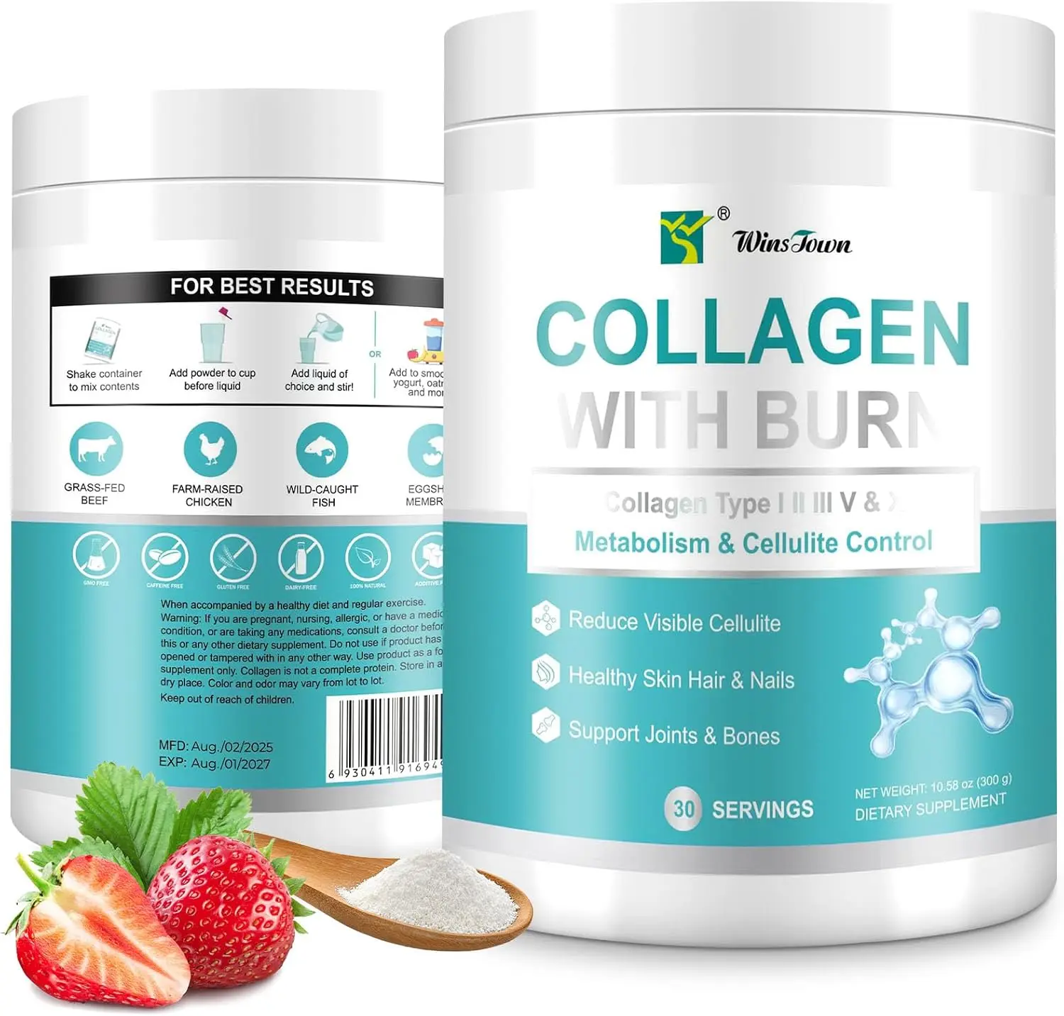Multi Collagen Burn Powder with L-Carnitine, 30 Servings| Collagen types I, II, III, V & X with green tea extract; strawberry flavor, 11 oz powder for daily wellness.