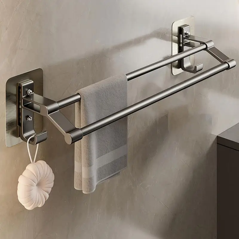 Wall Mounted Towel Rack, Punch Free Towel Holder, Bathroom Towel Rack, Bathroom Accessories, Home Organizer for Bathroom, Bathroom Fixtures, Hooks & B