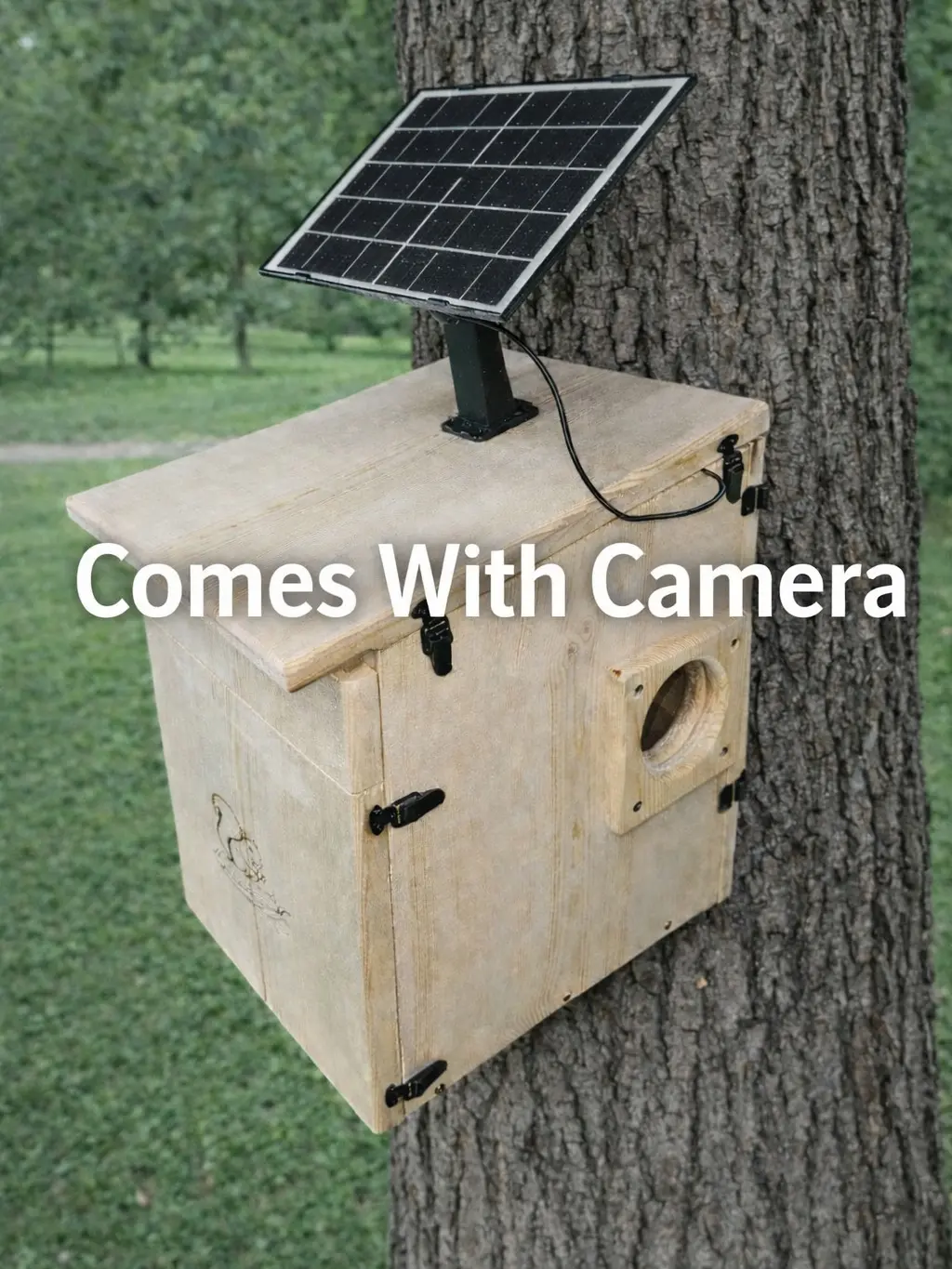 Peek-A-Boo Cabin is an Extra Large Handmade Squirrel House with Camera and Solar Panel – Outdoor Nesting Box for Backyard Wildlife