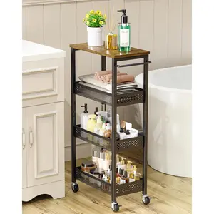Utility Slim Storage Cart, 4-Tier Narrow Bathroom Organizer and Storage Cart, Metal Narrow Kitchen Laundry Room Organization Rack with  Top, Slim Rolling Shelf with Wheels for Small Space