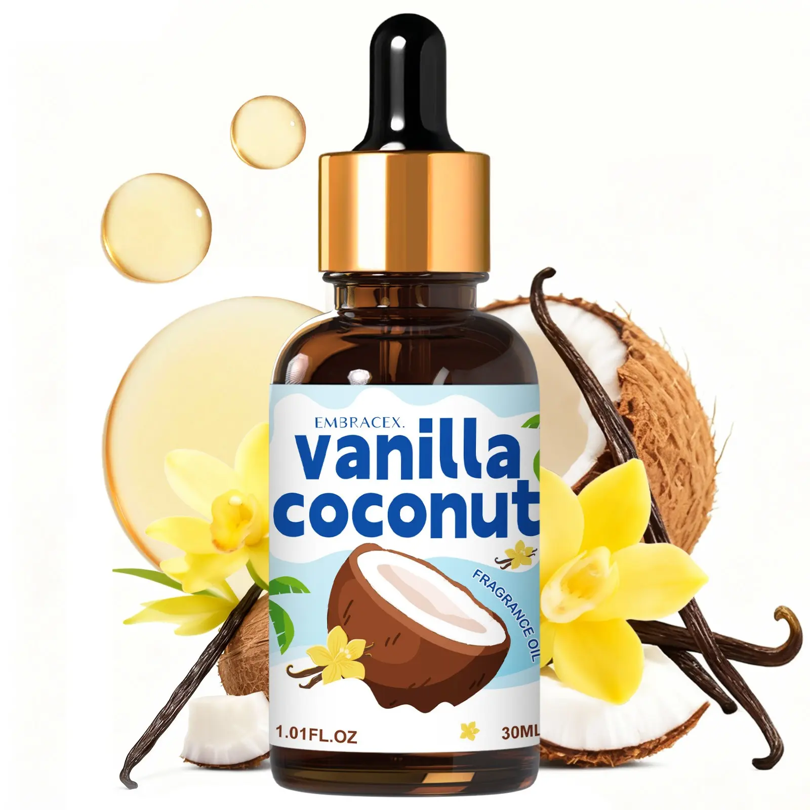 30ML Vanilla Coconut Essential Oils with Dropper, Humidifier Diffuser, DIY Soap Candle Bath Car Air Freshener, Long-Lasting Scent