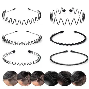 Unisex 6-Pack Metal Training Headbands - Black Wavy Non-Slip Spring Hair Hoops, Elastic for Sports & Daily Wear, Training Headband