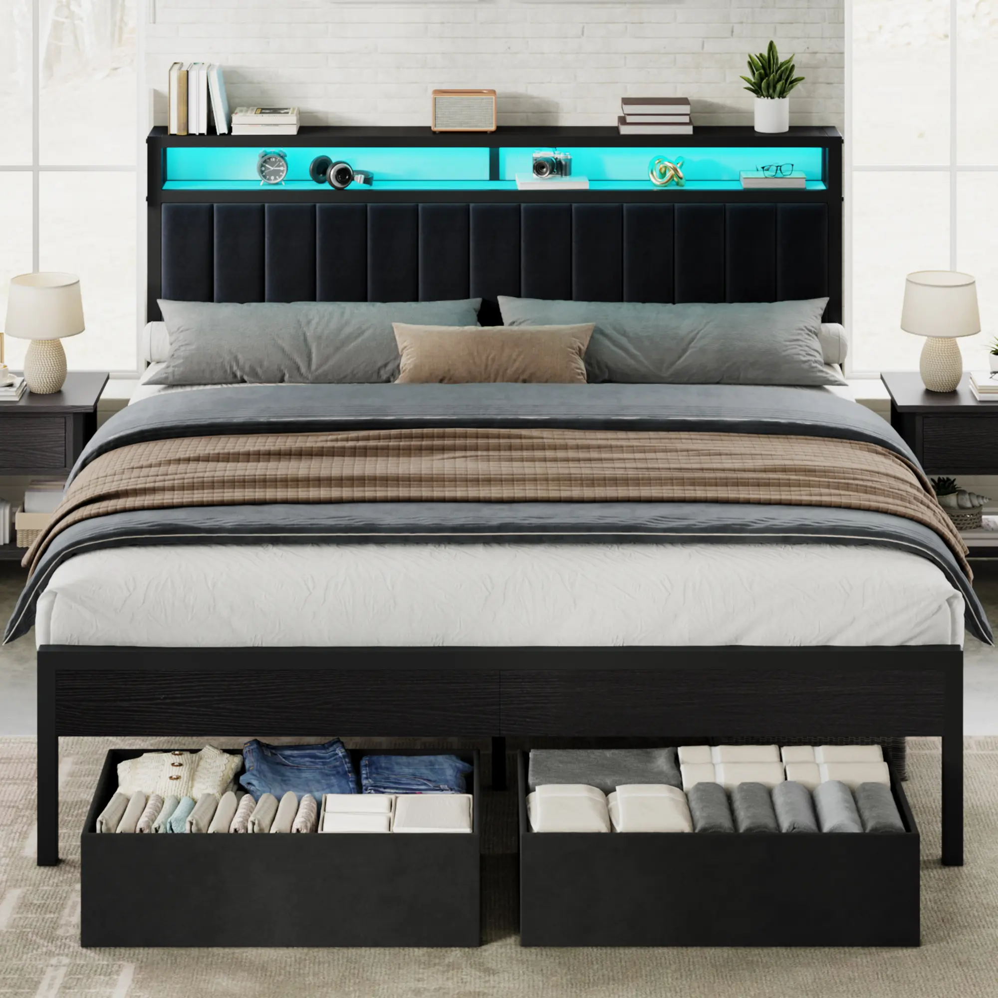 [Summerwins] [SummerFinds] AMERLIFE Bed Frame with LED Light and 2 Storage Drawers, Metal Platform Bed with Storage Headboard, Velvet Upholstered, Heavy-Duty Slats, No Box Spring Needed, Easy Assembly