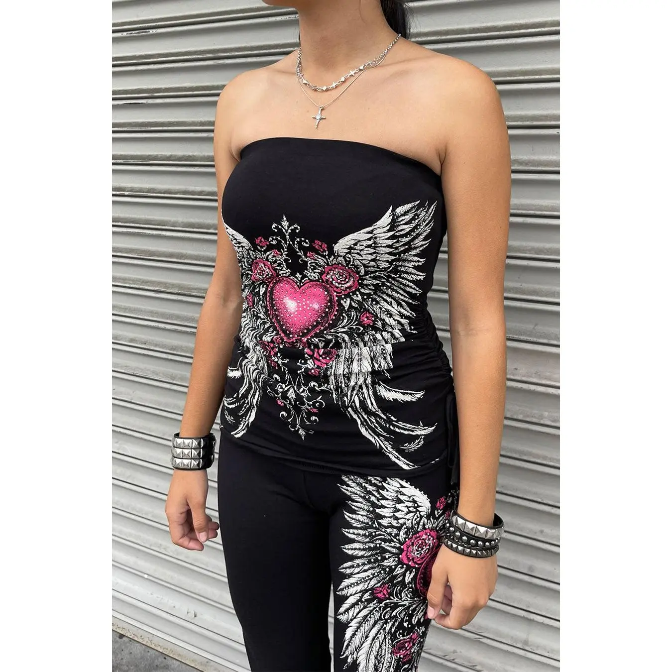 Y2K McBling Pink Heart, Rose & Wing RhineStone Print Side Shirred Tube Top Black