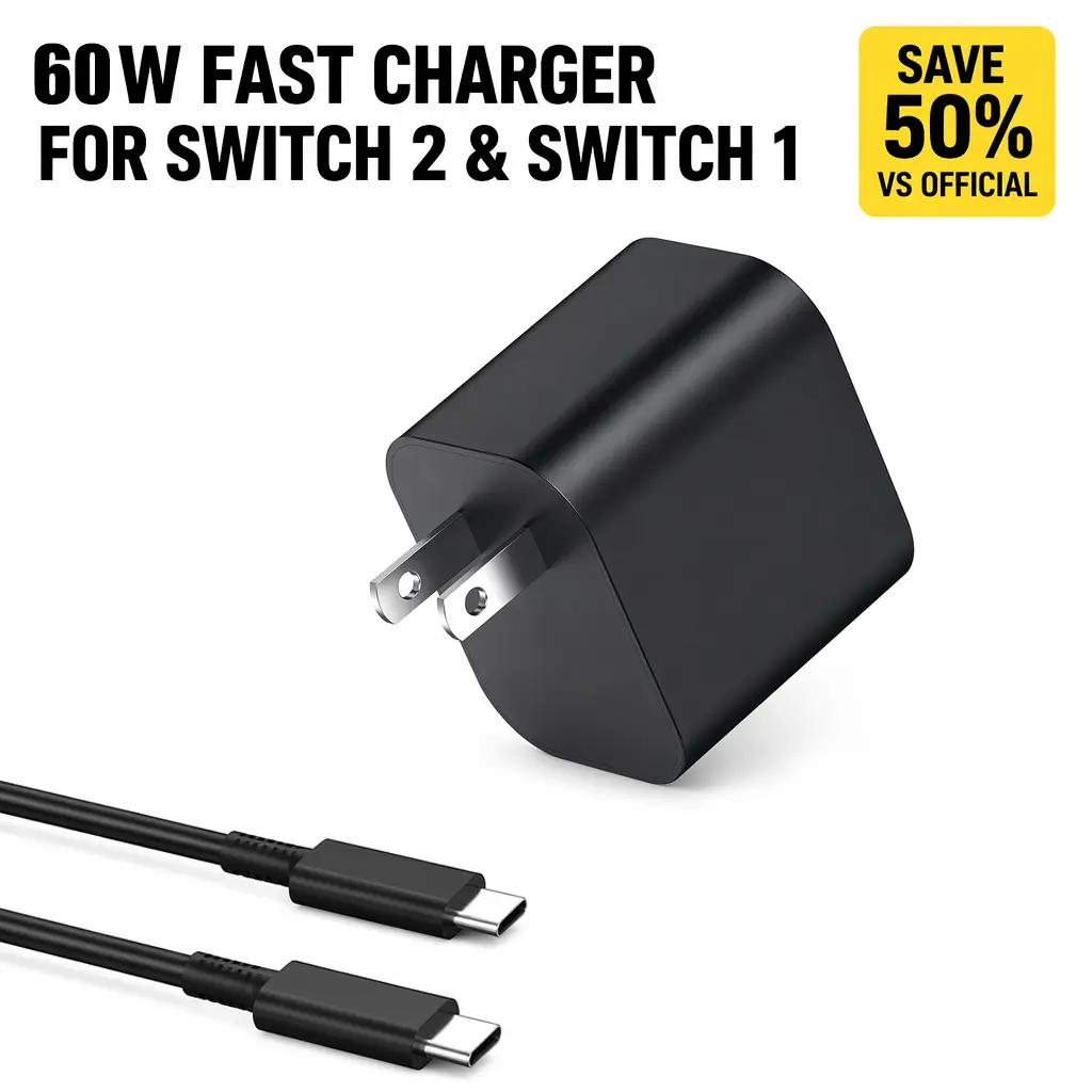 RUNTOGOL 60W PD Fast Charging AC Adapter Set for Switch 2, with USB-C to Type-C Cable, Replacement Charger Block Compatible with iPhone 17/16/15 Pro Max, AirPods, iPad