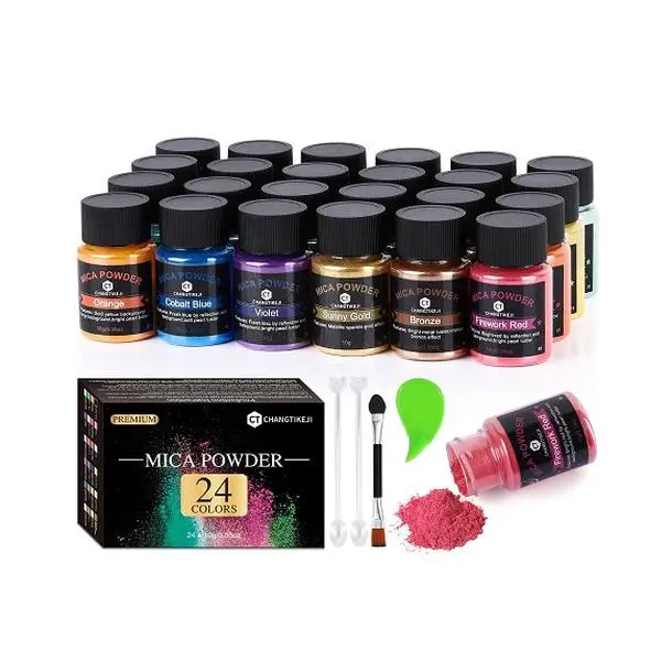 CHANGTIKEJI Mica Powder，24 Colors - 10g/Bottle of Natural Pigment Powder for Epoxy Resin，Soap Making，Candle Making,Lip Gloss,Car Freshies,Dye,Nail Polish,Bath Bombs