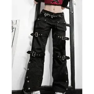 Eyelet Buckle Cyber Punk Goth Baggy Jeans Y2K Woman Techwear Dark Academic Solid E Girl Cargo Pants Denim Gothic Hippie Trousers