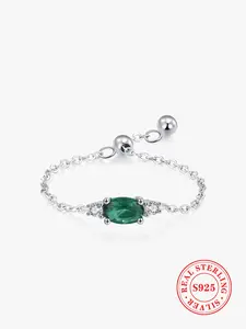 S925 Sterling Silver Fashion Oval Shaped Artificial Gemstone Decorated Adjustable Link Chain Ring, Trendy All-match & Exquisite Jewelry for Birthday Gift