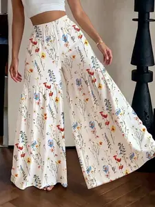 Plus Size Floral Print Wide-Leg Maxi Pants Casual High-Waisted Ruffled Trousers, Y2K Clothes Summer Daily Wear, Trendy Bohemian Bottoms, Comfortable Relaxed Fit Casual Ensembles, Stylish Romantic Pattern Detail Party Casual Wear